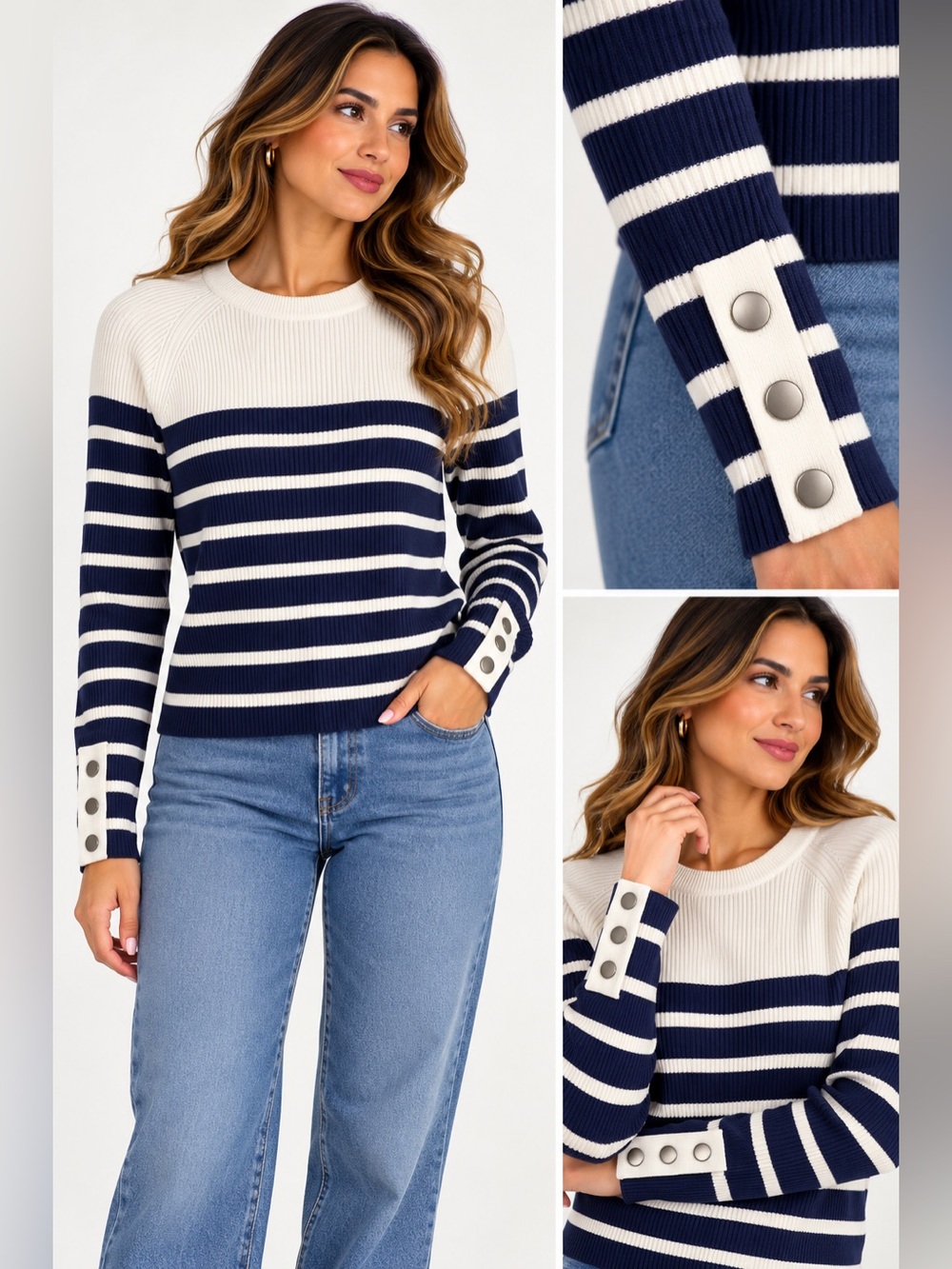 b.young Striped Viscose Sweater in Blue & White Size Medium NWT
